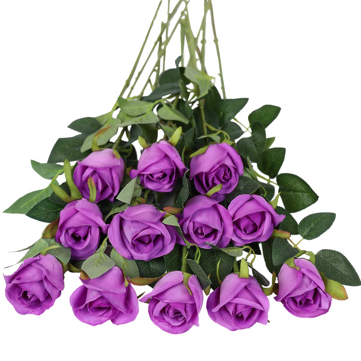 Tifuly Artificial Flowers,12 Pcs Single Long Stem Fake Rose Silk Flowers Faux Rose Bridal Bouquet Realistic Flower for Wedding Party Home Table Decoration Centerpieces(Bud Roses,Purple) — image 1