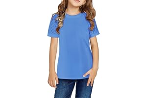 SIMTUOR Girls Summer Short Sleeve Shirts Lace Casual Cute Crew Neck Solid Color Blouses Tops Sizes 6-15 Years