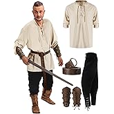 Jiuguva 4 Pcs Halloween Men's Renaissance Costume Set Medieval Pirate Shirt Ankle Banded Pants Viking Belt Accessories