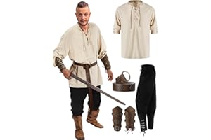 Jiuguva 4 Pcs Halloween Men's Renaissance Costume Set Medieval Pirate Shirt Ankle Banded Pants Viking Belt Accessories