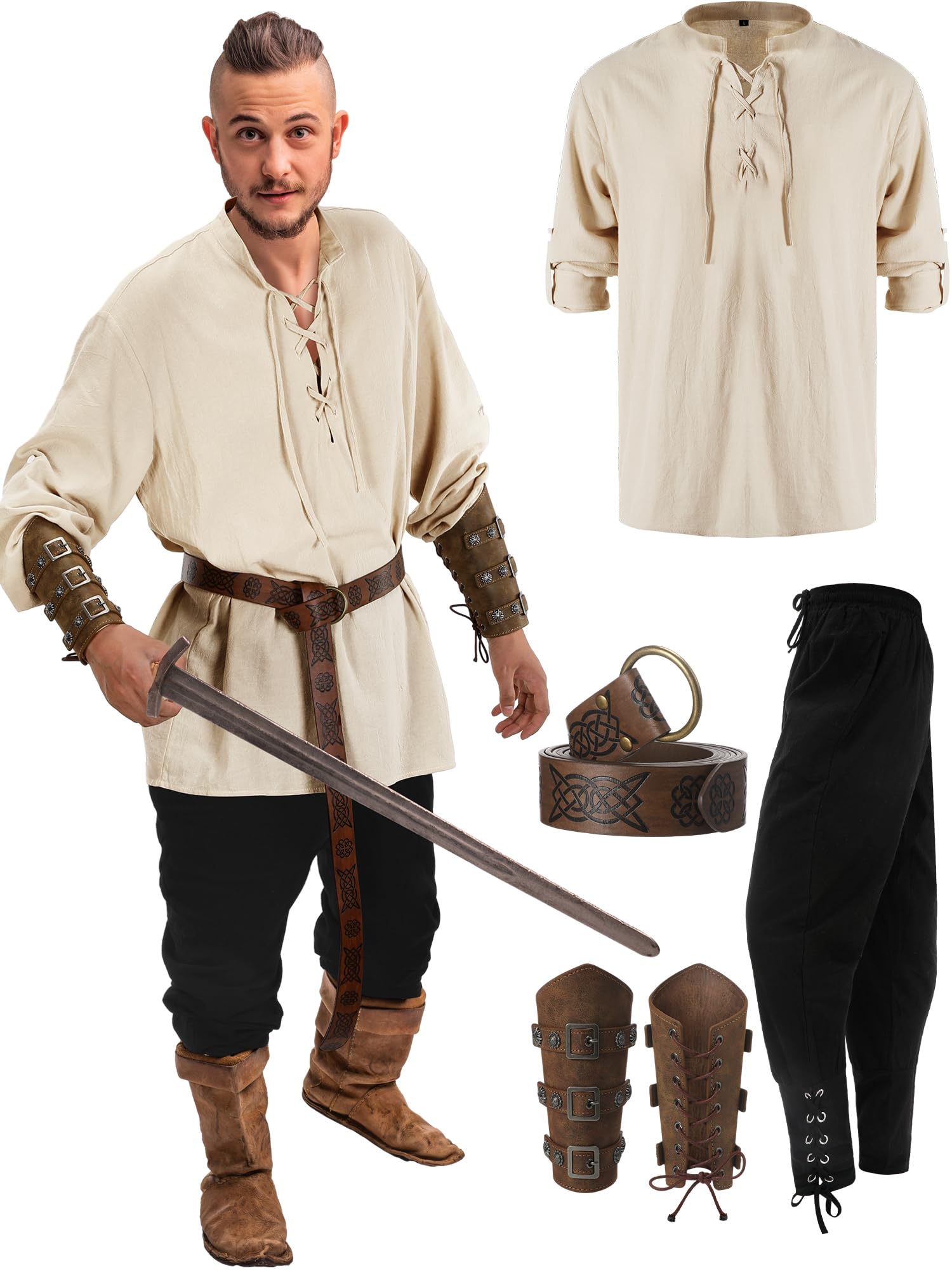 Photo 1 of *MISSING PARTS*
Jiuguva 4 Pcs Halloween Men's Renaissance Costume Set Medieval Pirate Shirt Ankle Banded Pants Viking Belt Accessories (Classic Color,XX-Large)