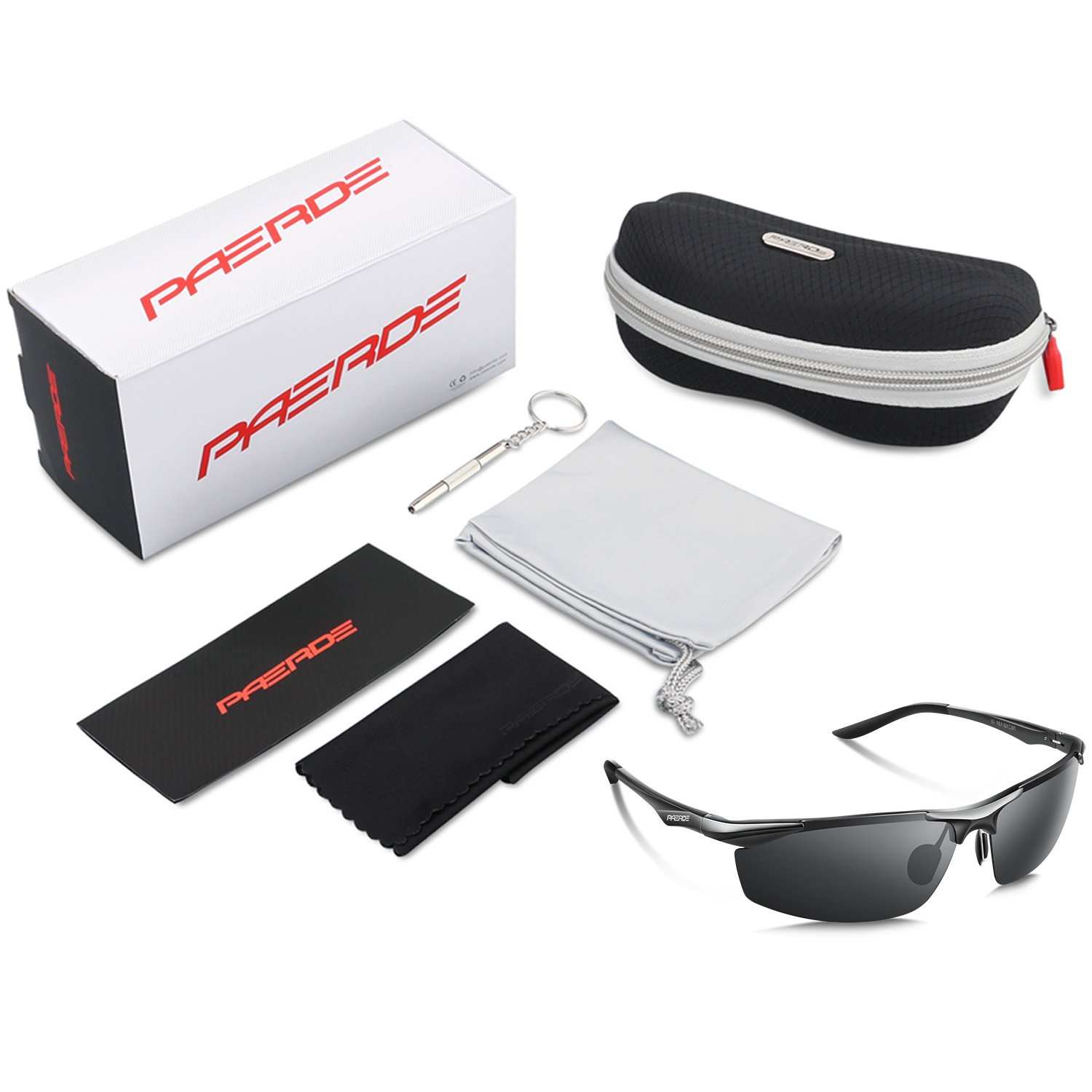 PAERDE Men\'s Sports Style Polarized Sunglasses for Men Driving Fishing Cycling Golf Running Al-Mg Metal Frame Ultra Light Glasses (Black)