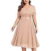 MISSMAY Women's Plus Size Lace Contrast Chiffon V Neck Flowy Cocktail Wedding Guest Midi Dress