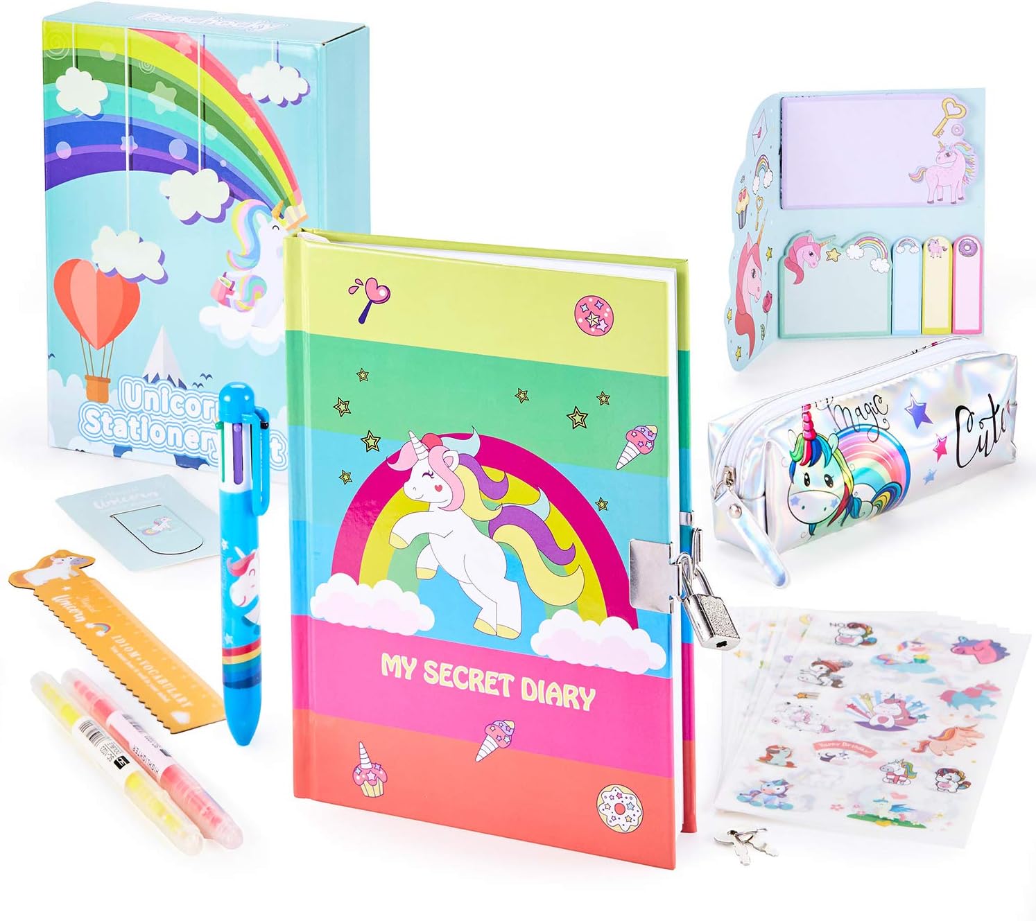 Paochocky 14 Pcs Rainbow Unicorn Stationery Set, Secret Diary Notebook
