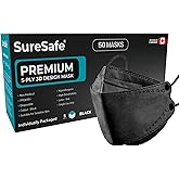[50 Pack] SURESAFE 3D 5-PLY Contoured Fish Shape Mask, Latex Free Non-Woven Black Disposable Face Mask for Women and Men, Com