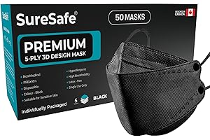 [50 Pack] SURESAFE 3D 5-PLY Contoured Fish Shape Mask, Latex Free Non-Woven Black Disposable Face Mask for Women and Men, Com