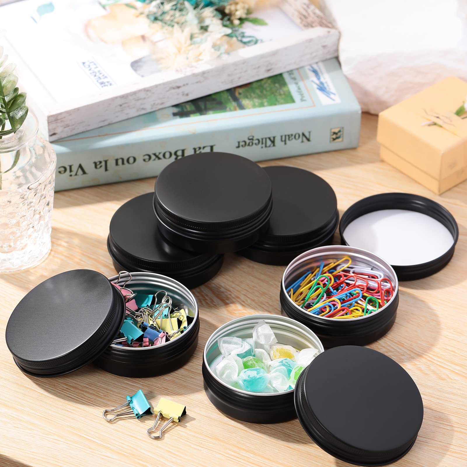 Therwen 96 Pcs Aluminum Tin Jars Containers Metal Leak Proof Cosmetic Tin Jars Containers Round Screw Lids Lip Balm Can Empty Refillable Cosmetic DIY Storage (1 x 2.7 Inch,Black)