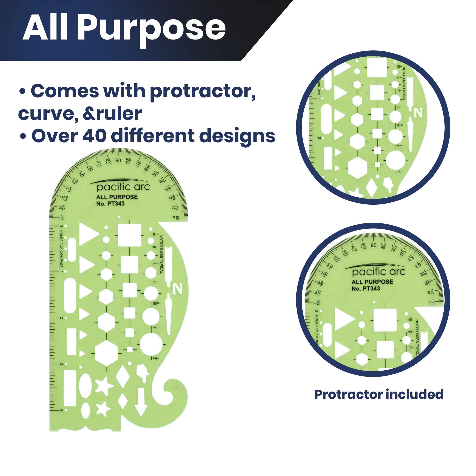 Pacific Arc All Purpose Template Guide, Featuring A Protractor, 4 Inch Ruler, French Curves, and Standard Shapes