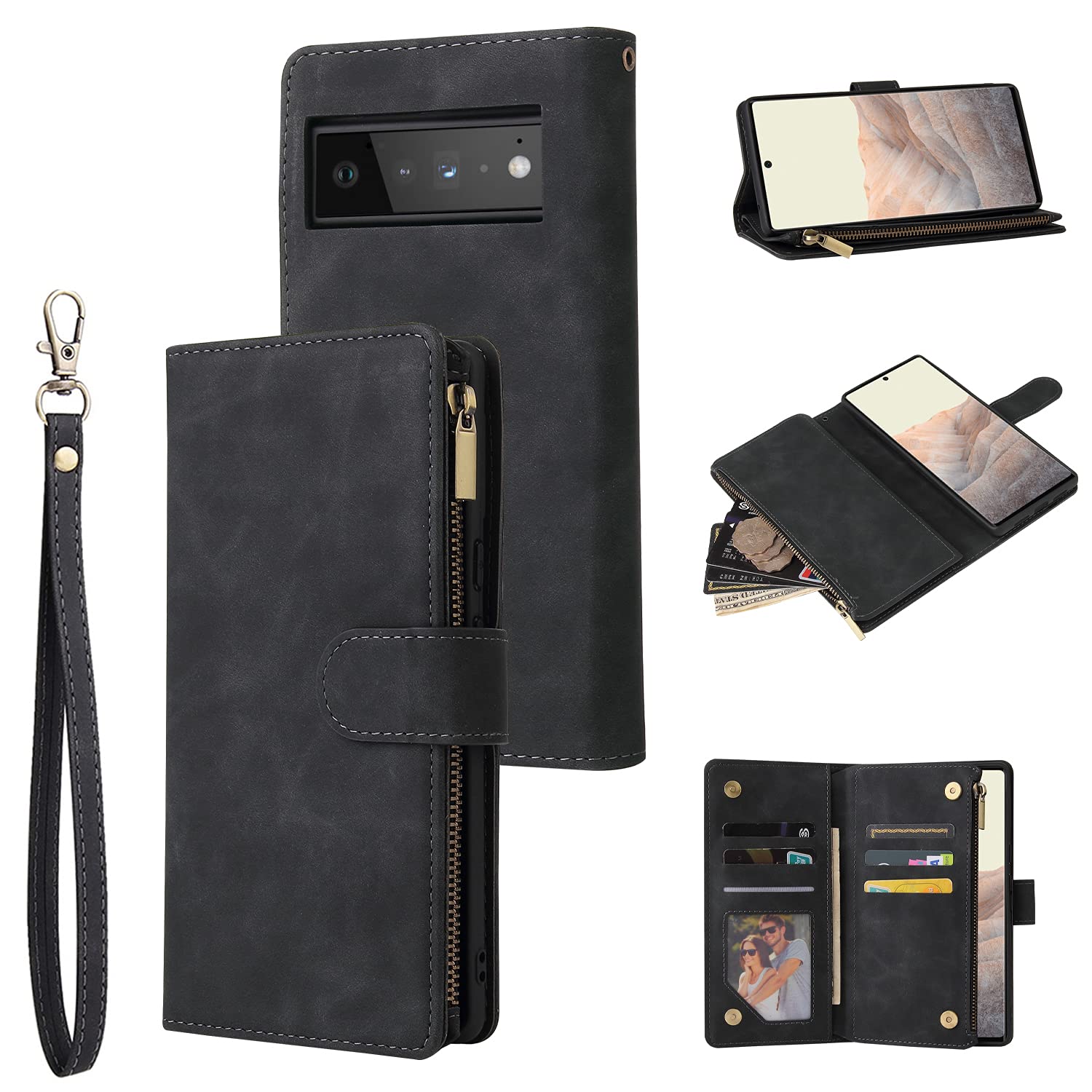QLTYPRI Case for Google Pixel 6 Pro, Large Capacity Leather Wallet Case 6 Card Holder & 1 Zipper Pocket Kickstand Wrist Strap Magnetic Protective Cover for Google Pixel 6 Pro - Black — image 1