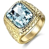 MASOP Engraved Stainless Steel Mens Ring Blue Synthetic Aquamarine Cubic Zirconia Gold Color Luxury
