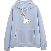 Weetiotio Oversized Cute Mushroom Dino Print Hoodies for Womens Kawaii Cartoon Sweatshirt Teen Girls Cotton Fleece Sweaters