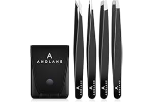 Tweezers Set - Andlane 4 Pack Stainless Steel Precision Tweezers for Eyebrows, Facial Hair, Ingrown Hair, Splinters and More (Slant, Pointed, Flat and Point Slant with Case)