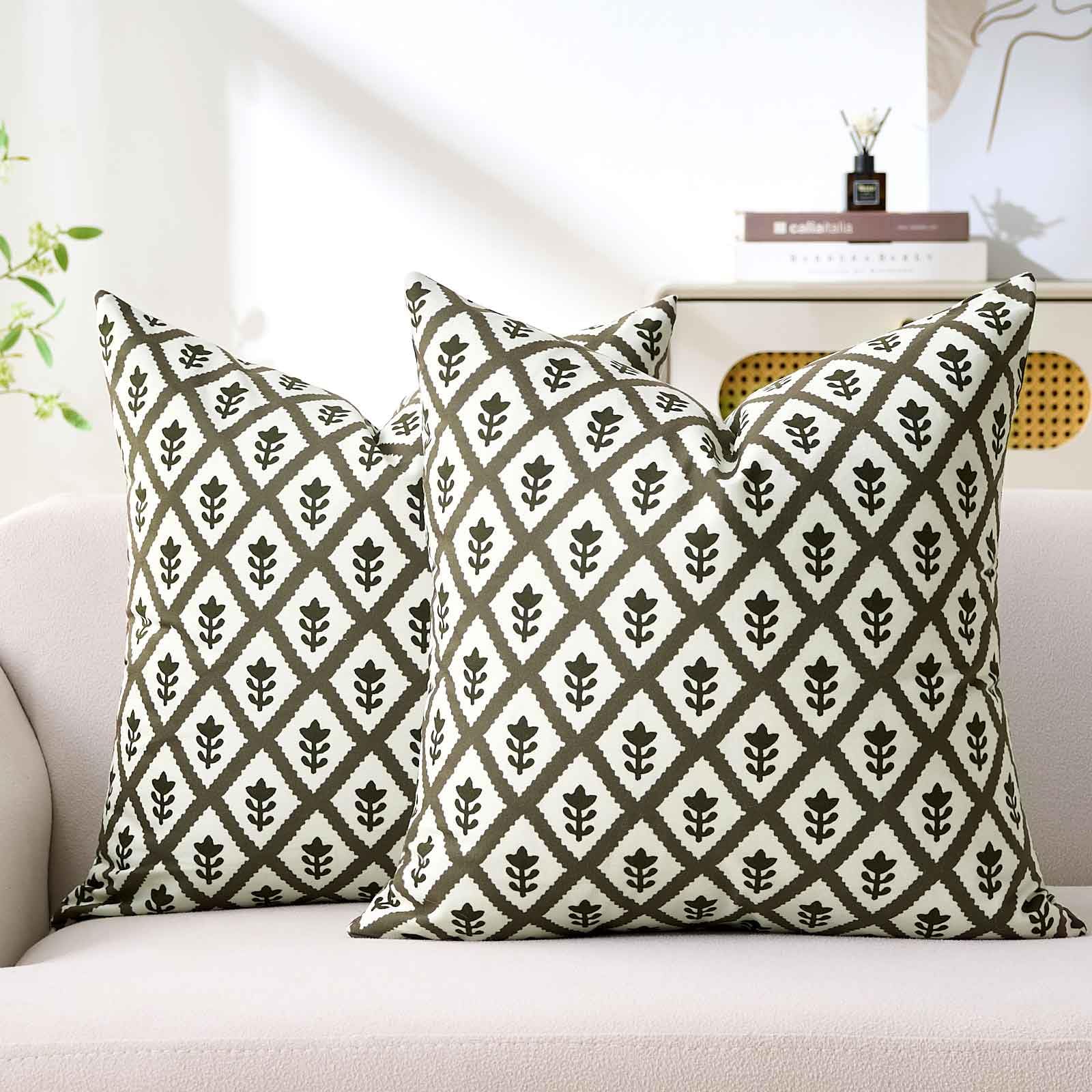 Photo 1 of Decorative Throw Pillow Covers 18x18 Olive Green Couch Pillow Covers Block Print Pillowcases Square Sofa Cushion Cases Boho Farmhouse Cushion Cases for Sofa Couch Chair Bedroom Living Room Set of 2