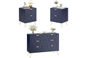 Anbuy Navy Blue 6 Drawer Dresser and Night Stand Sets for Bedroom, Two Drawers Nightstand Set of 2 & 6 Drawer Dresser Combo 3 Pieces (Navy Blue)