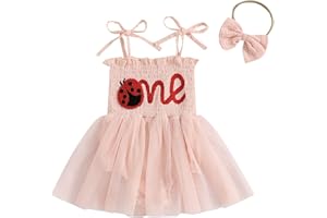 Baby Girl 1st Birthday Outfit Romper Dress Letter Embroidery Skirt Hem Shoulder Straps Tulle Bodysuits with Headband