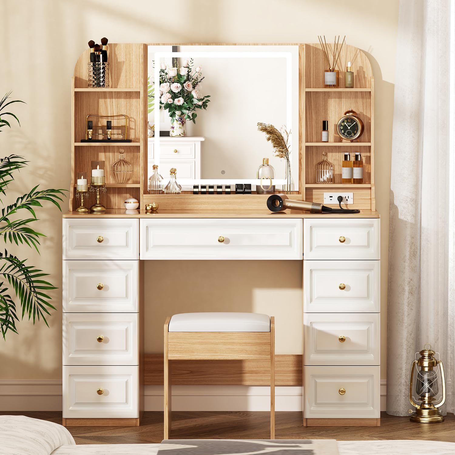 Photo 1 of 43" Makeup Vanity Desk with Mirror and Lights, & Power Outl, Glass Top Big Vanity Table with 9 Drawers& 8 Storage Shelves, Dressing Table Set with Chair for Bedroom, White+Oak