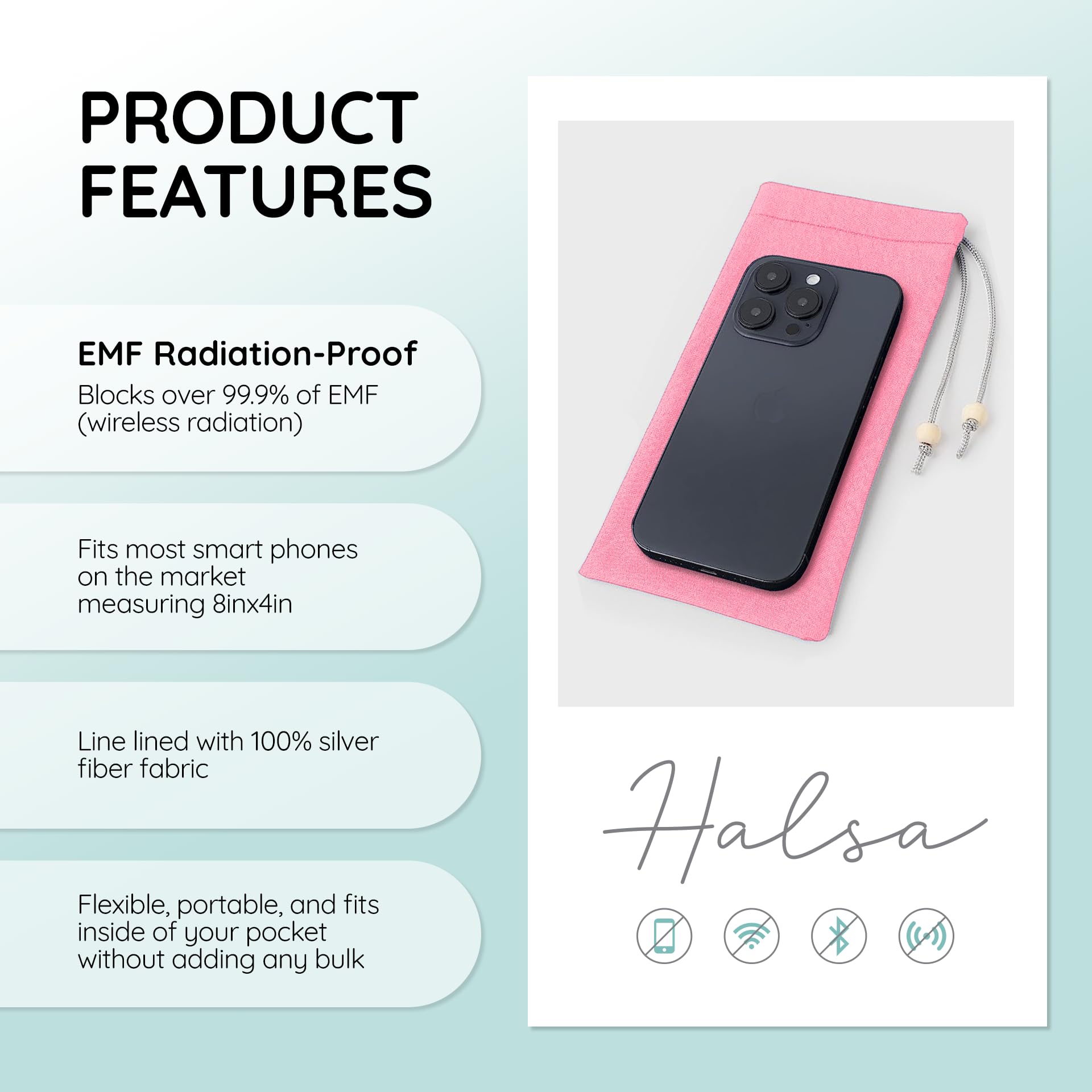 Halsa EMF Cell Phone Sleeve, High-Shield EMF Blocking Pouch, Signal Blocking Anti-EMP Radiation Bag for Digital Privacy Protection, Fits Most Phones, Pink (4x8 Inch)