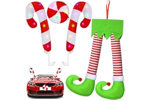 FRIENDA 2 Pieces Car Reindeer Antler Kit Christmas Decorations with LED Lights Hanging Santa Claus Legs and Deer Nose Star Candy Canes Auto Accessories for Christmas Car Decorations(Candy Canes Style)