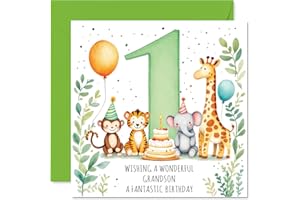 Playful 1st Birthday Card for Grandson - Bursting with Birthday Cheer - Cute Animals Celebrating in a Splash of Bright Colors