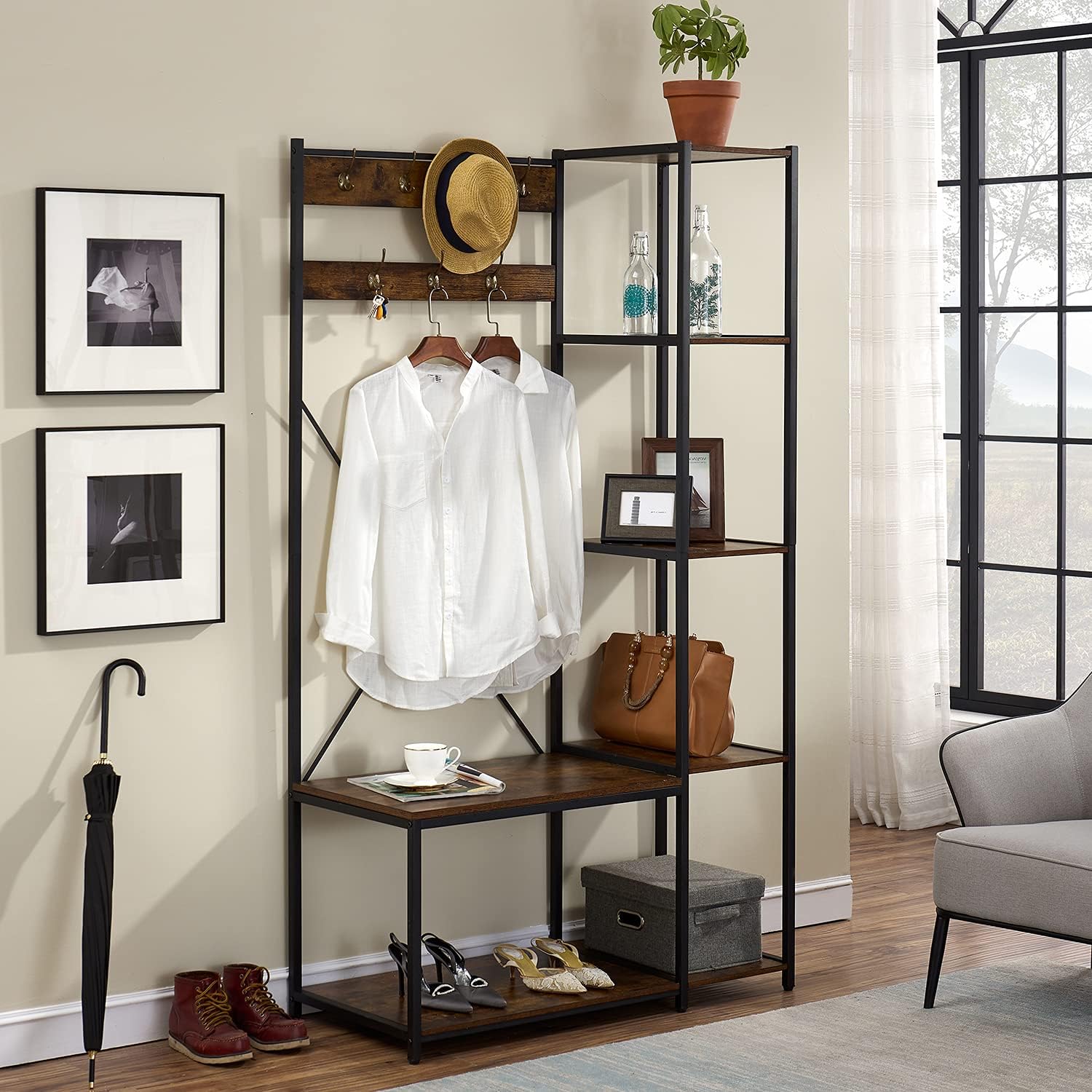 VECELO Coat Rack Bench,Hall Tree with 7 Hooks Entryway Storage 4 Shelves and 1-Tier Shoe Shelf,Wood Look Accent Furniture Metal Frame, Rustic Brown: Home & Kitchen