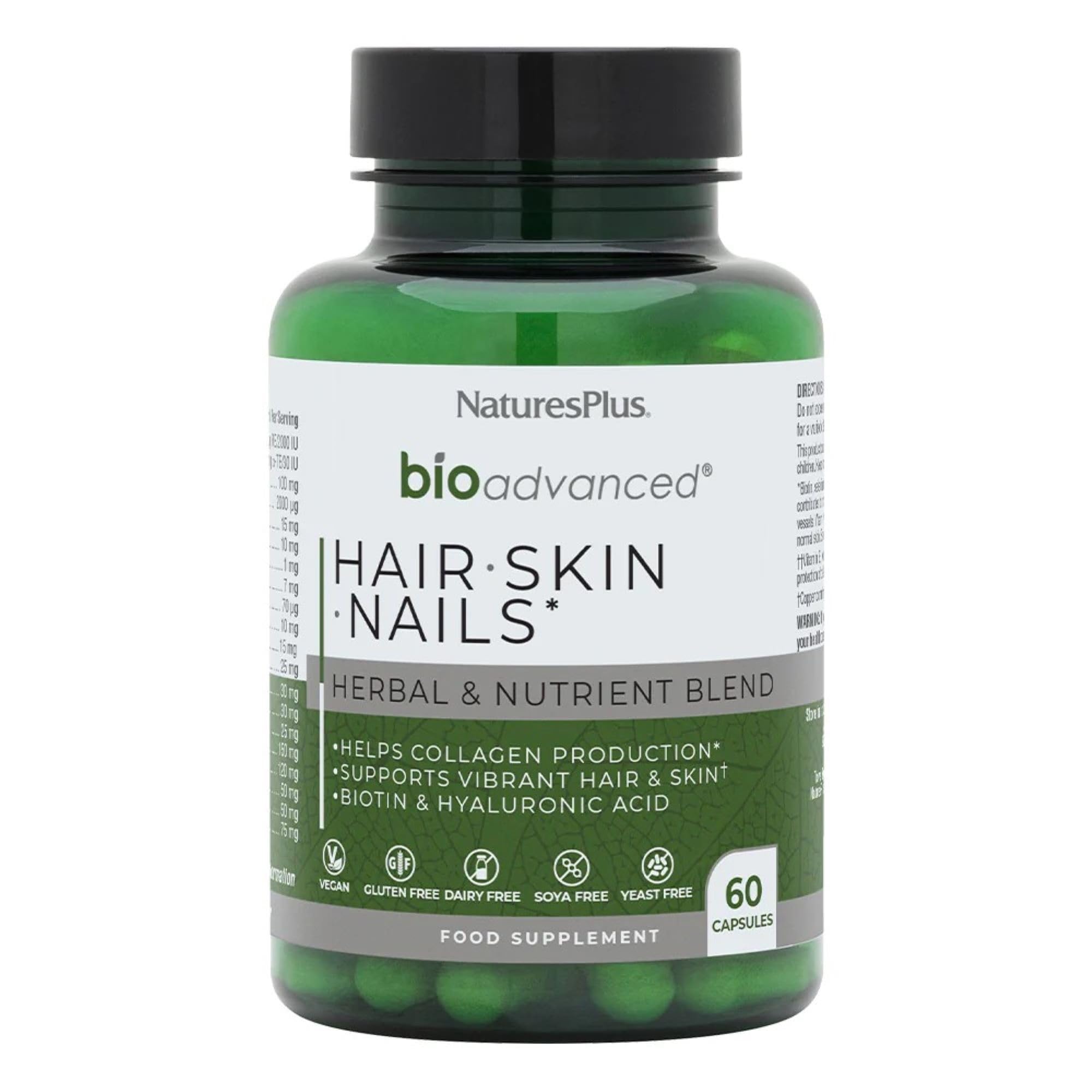 NaturesPlus Bio Advanced Hair Skin Nails - Vegan Collagen Support, High Strength Biotin, Hyaluronic Acid Supplement with Antioxidants - Gluten Free, Vegan - 60 Capsules