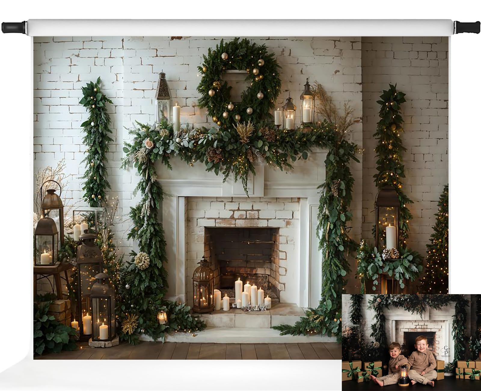 Photo 1 of Kate Christmas Backdrops Fireplace Photography Backdrops Green Indoor Photo Backdrops, 10x8ft