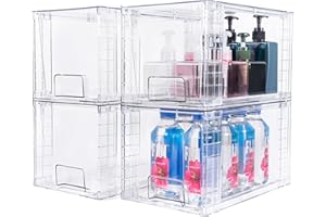4 Pack Large Stackable Storage Drawers,Clear Acrylic Drawer Organizers with Handles, Easily Assemble for Kitchen Undersink,Ba