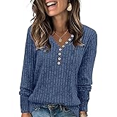 Womens Henley Knit Sweaters 2025 Fall Winter Deep V Neck Long Sleeve Button Pullover Casual Tops