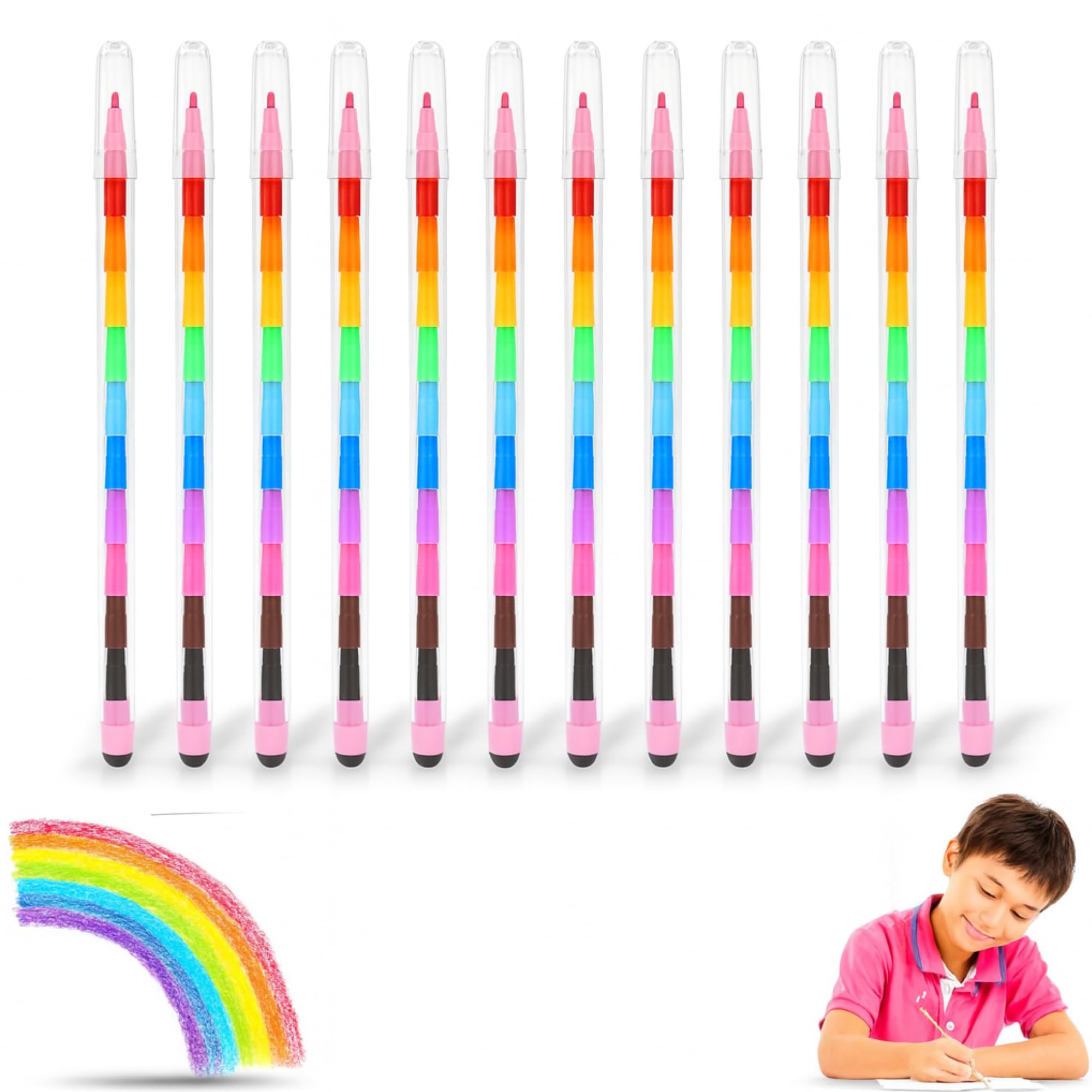 Lizzy 24pk Crayon Pen Stackers 15cm – 11 Colour Swappable Stacking Crayons for Kids – Fun Arts & Crafts Party Favours, Loot Bag Fillers, Creative Drawing & Colouring Stationery (Pack of 12)