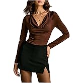 SHENHE Women's Sexy Long Sleeve Draped Neck Solid Color Slim Fit Bodysuit Tops