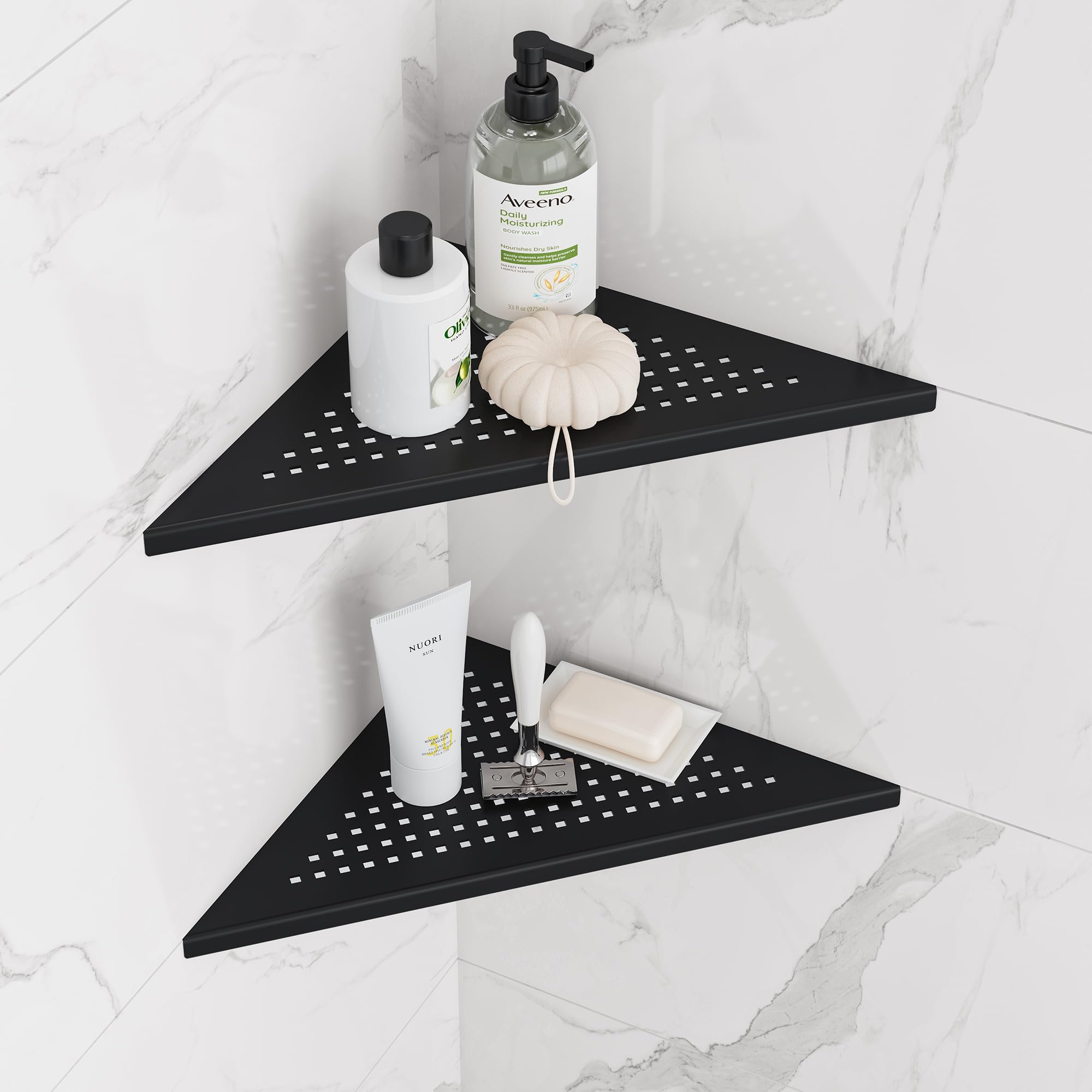 Neodrain Shower Corner Shelf Stainless Steel Bathroom Shelf Black Shower Caddy Storage Tiles Recessed for Bathroom Kitchen, 2 Pack
