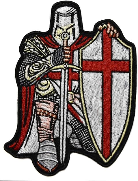 Écusson Thermocollant Templier - Croix Rouge, épée Et Bouclier - 10,5 X 7,5 Cm - Qualité Supérieure