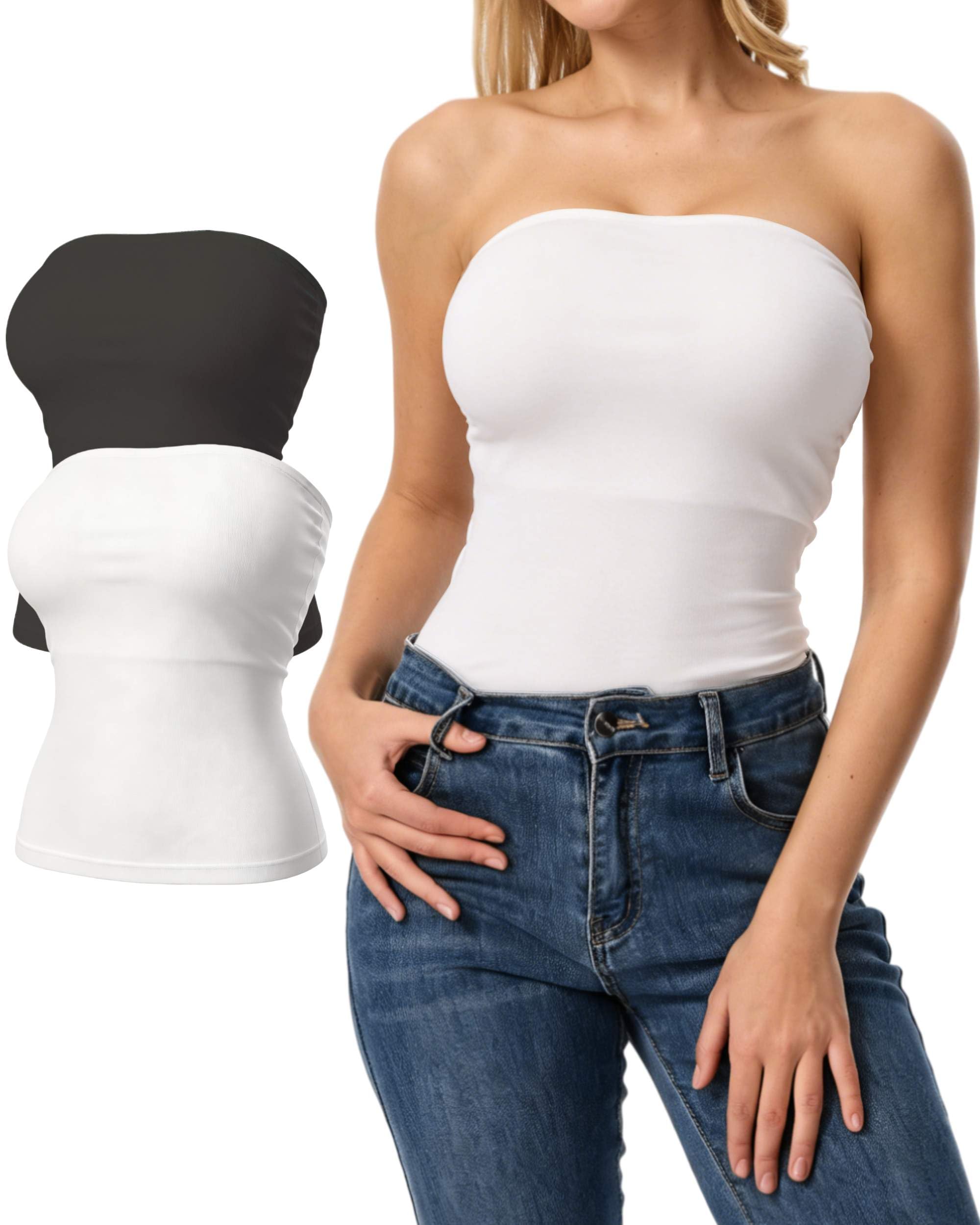 Womens Ribbed Shapewear Tube Tops 2 Pack Strapless Bandeau Basic Crop Tops Backless Sleeveless Double Lined Y2K Tank
