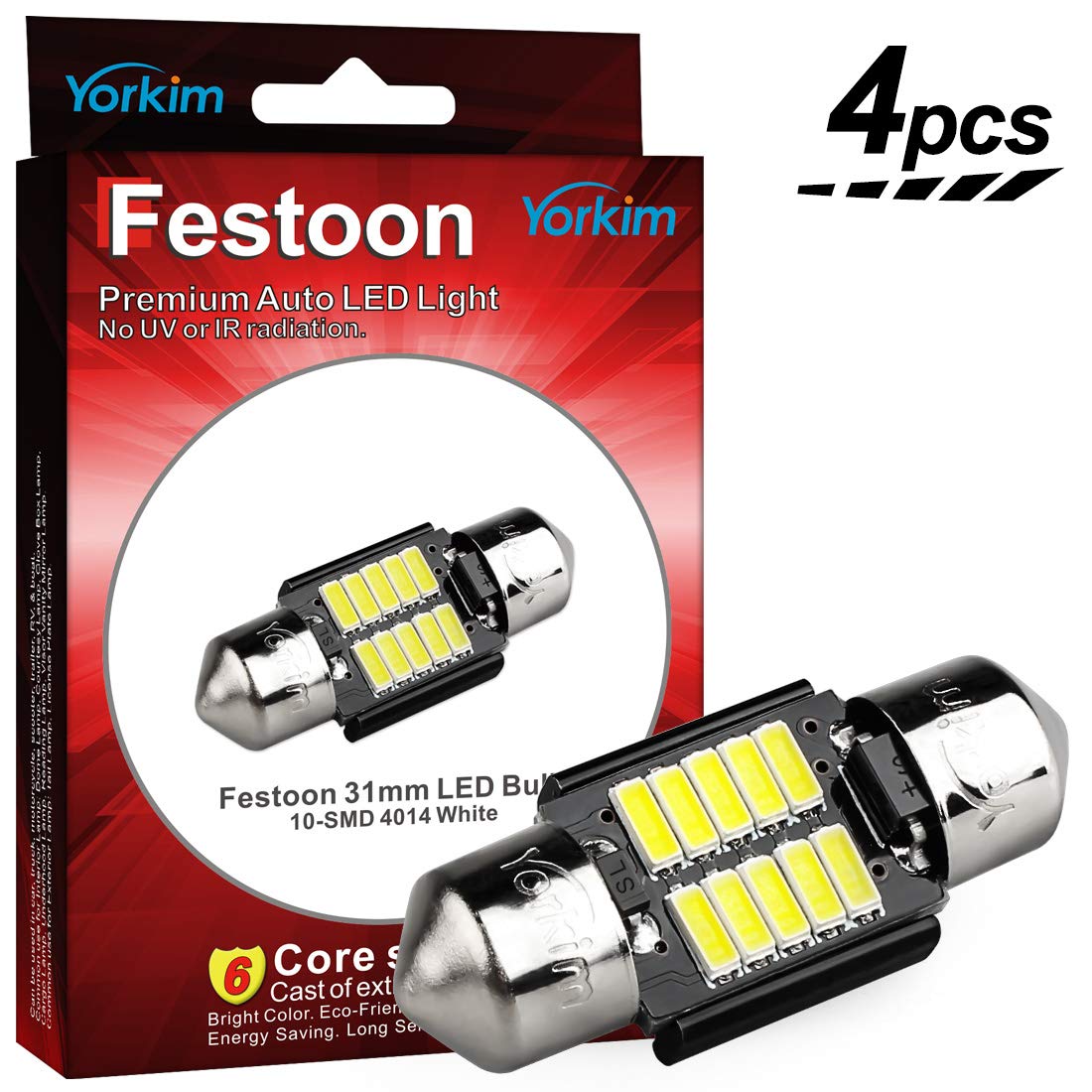 Yorkim DE3175 LED Bulb 31mm Festoon LED Bulb White Super Bright CANBUS 10-SMD 4014 Chipsets, 3175 LED Bulb, DE3022 LED Bulb, 31mm LED Bulbs, 3022 LED for Car Interior Lights, Pack of 4