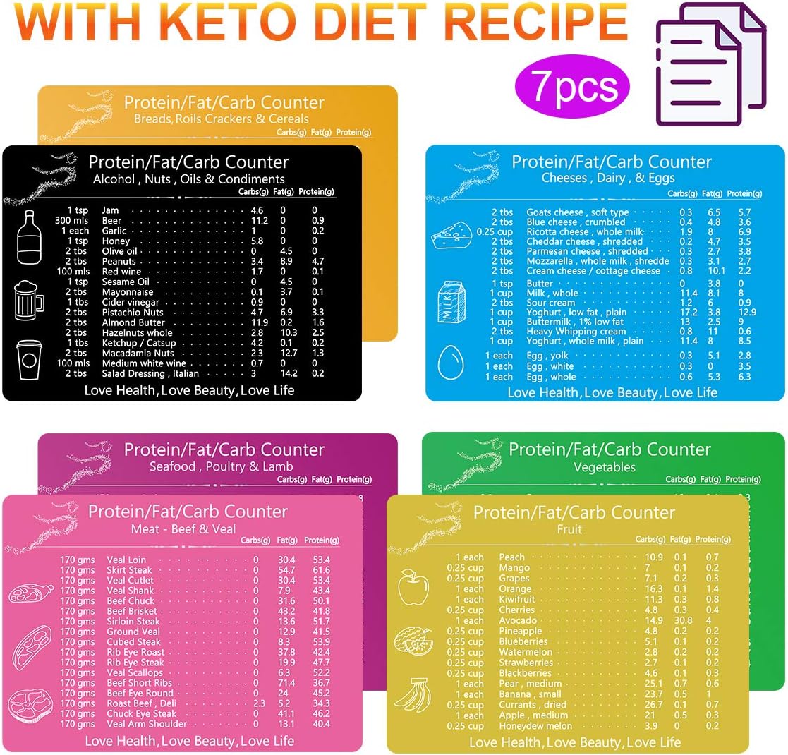Keto Cheat Sheet Magnets, Set of 7 Ketogenic Diet Food List Charts Quick Reference Magnetic Fridge Keto Cookbook Recipes for Commonly 119 Ingredients, Easily Following Meal Plan Guide for Keto Dieters