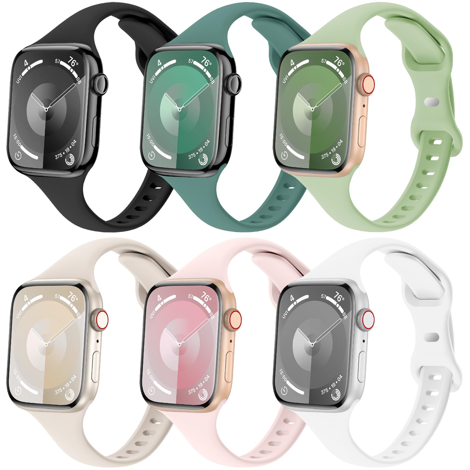 6 Pack Slim Thin Bands Compatible with Apple Watch 38mm 40mm 41mm 42mm 44mm 45mm 46mm 49mm Women Men, Replacement Soft Silicone Sport Strap Wristbands for iWatch Series 10/9/8/7/6/5/4/3/2/1 Ultra SE