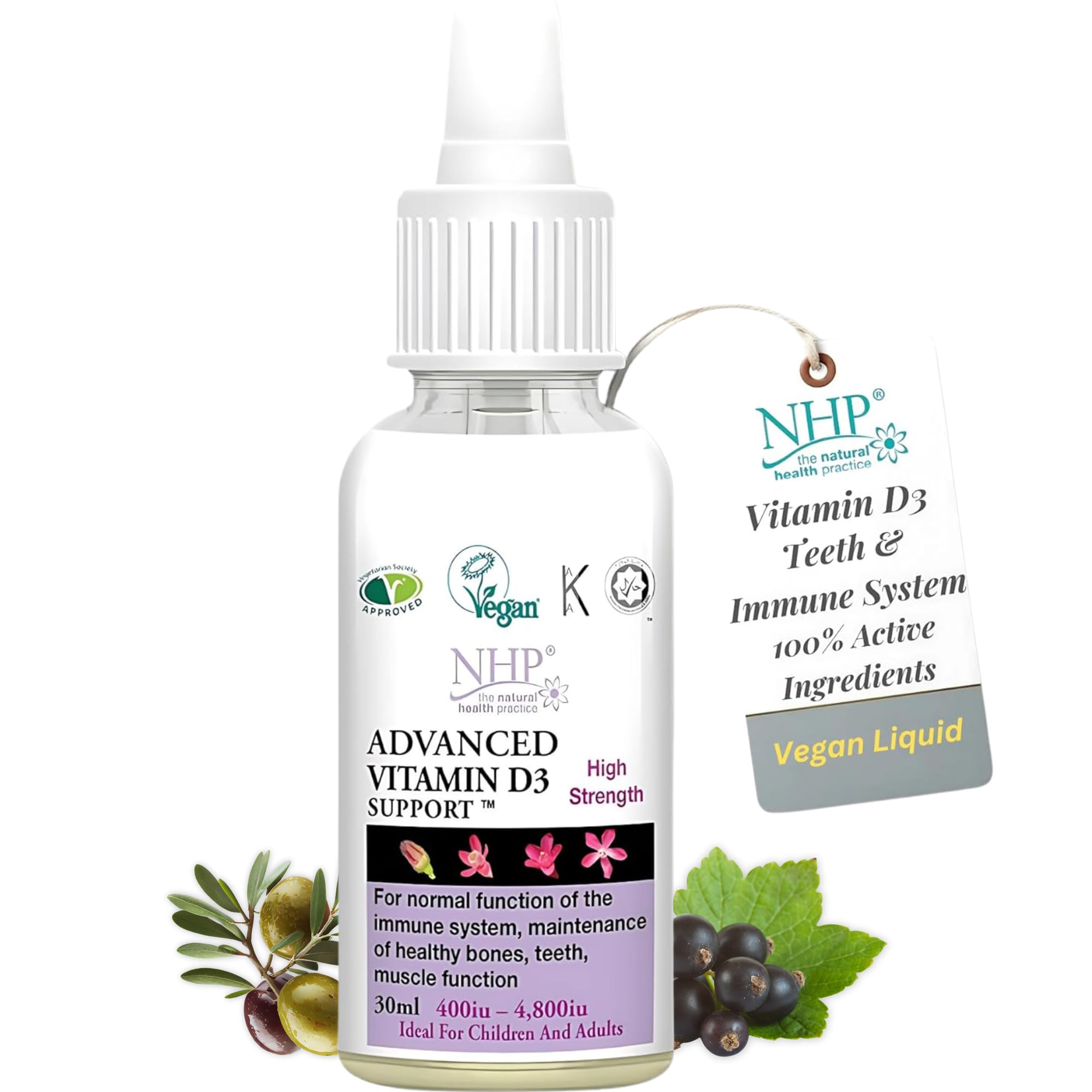 NHP Advanced Vitamin D3 Support - Vegan Blackcurrant Liquid for Healthy Bones, Teeth & Immune System – 100% Active Ingredients, Free from Gluten, Dairy & Excipients – Easy-to-Take Supplement
