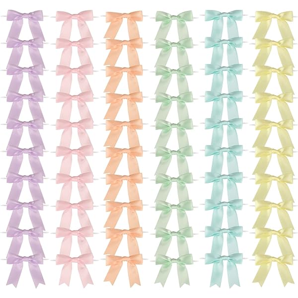 thumbnail image 2 of GUIFIER 50 Pack 3\" Rainbow Twist Tie Bows, Pastel Ribbon Bows With... 2 of 14