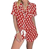 KevaMolly Womens Christmas Lounge Sets Candy Cane Print Pocketed Knotted PJ Set Short Sleeve Xmas Top and Shorts