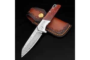KOMWERO Damascus Pocket Knife with Clip Leather Sheath, 3.14 inch Sharp Damascus Steel Knife with Rosewood Handle, EDC Damascus Folding Knife for Men Women Camping Collection