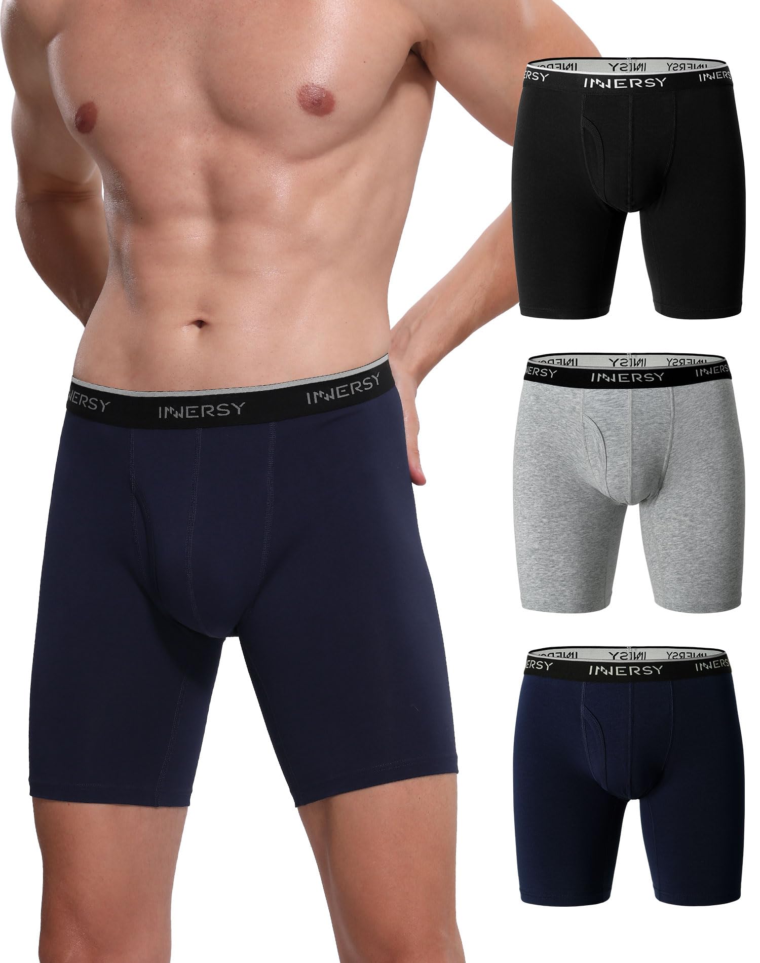 INNERSY Boxershorts Herren Lang Unterhosen Männer Baumwolle Sport Unterwäsche Retroshorts 3 Pack (L, Schwarz/Grau/Marineblau)