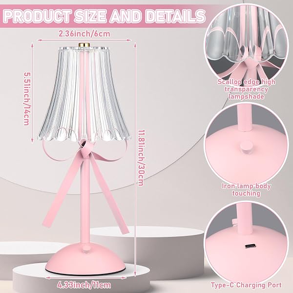 CHUNFUL BOW LAMP PLUGGED IN FOR WOMEN ROOM COQUETTE LAMP METAL TOUCH DESK DECOR 11.8 INCH TALL CUTE BEDSIDE LIGHT WITH SCALLOP SKIRT SHADE MODERN PRINCESS BEDROOM NURSERY DECORATION