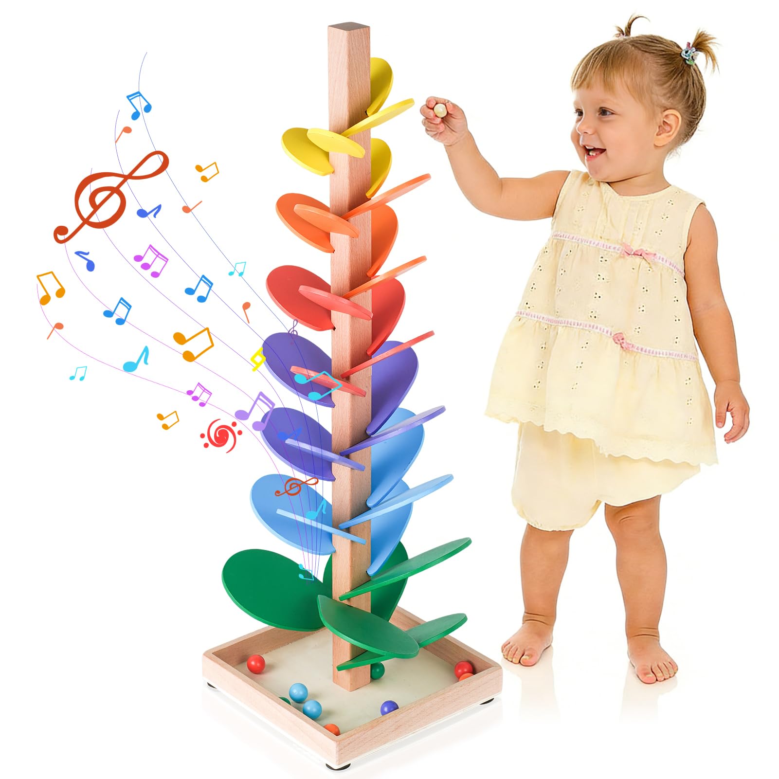 Montessori Sound Tree, 30 Pieces Wooden Marble Run, Rainbow Music Tree with 10 Rainbow Balls, 6 Colorful, Wooden Ball Drop Toy, Educational Sensory STEM Toy for Kids 3+ Years Old