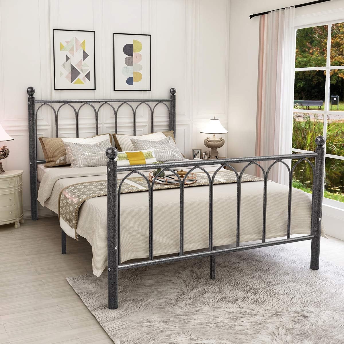 JURMERRY Double Metal Bed Frame with Headboard and Footboard Heavy Duty Foundation, Black/Silver
