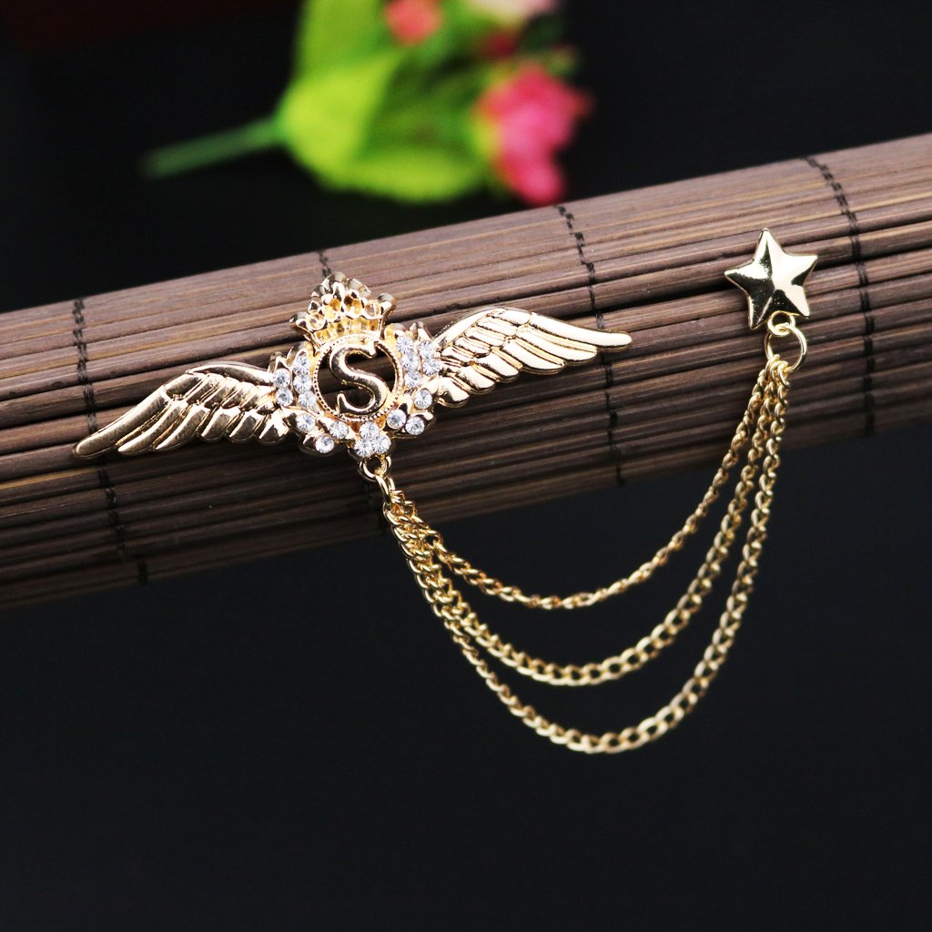 Wing Star Lapel Pin Men Suit Shirt Corsage Collar Chain Brooch Gold