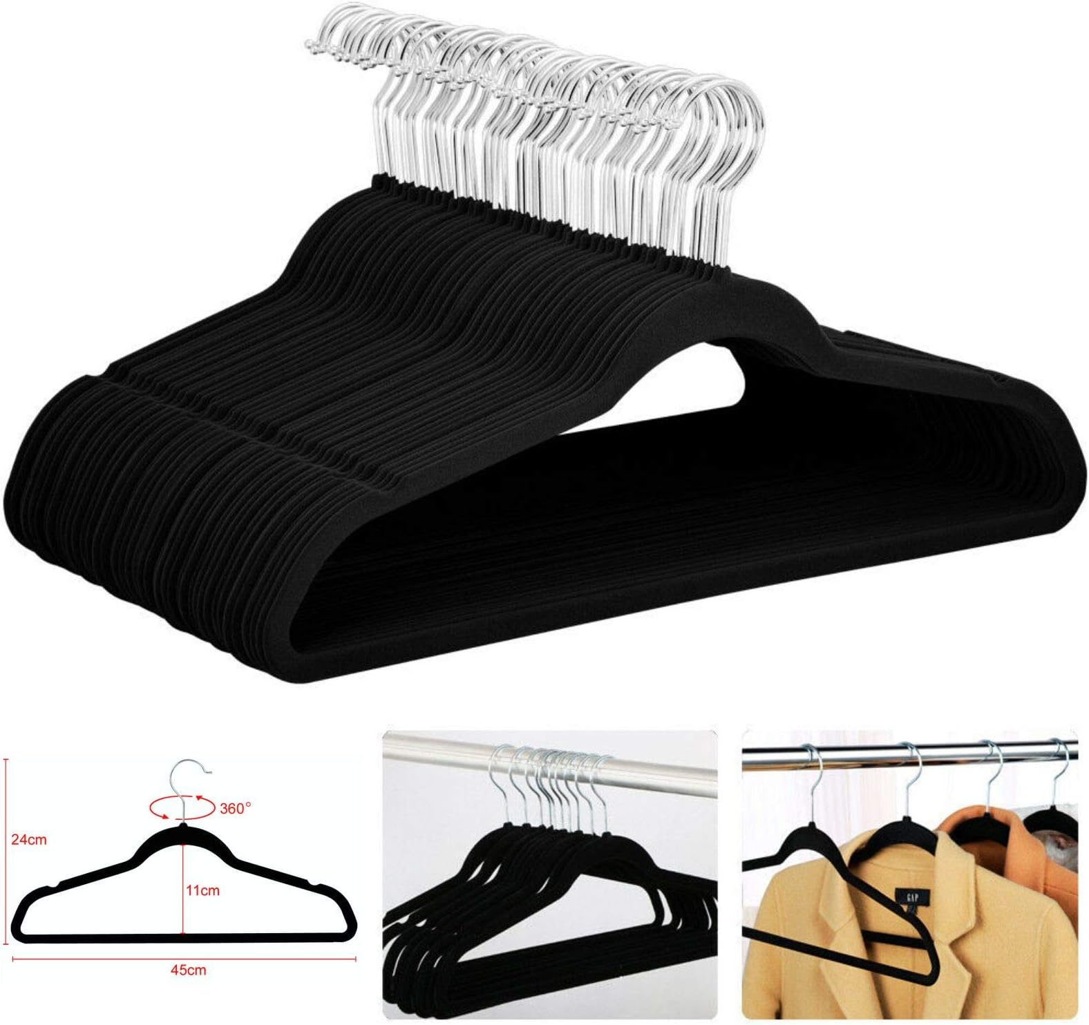 2you Black Velvet Hangers Pack - Set of 50 - Non-Slip Storage 360 Thin Flocked For Wardrobe Clothes Trousers Adults