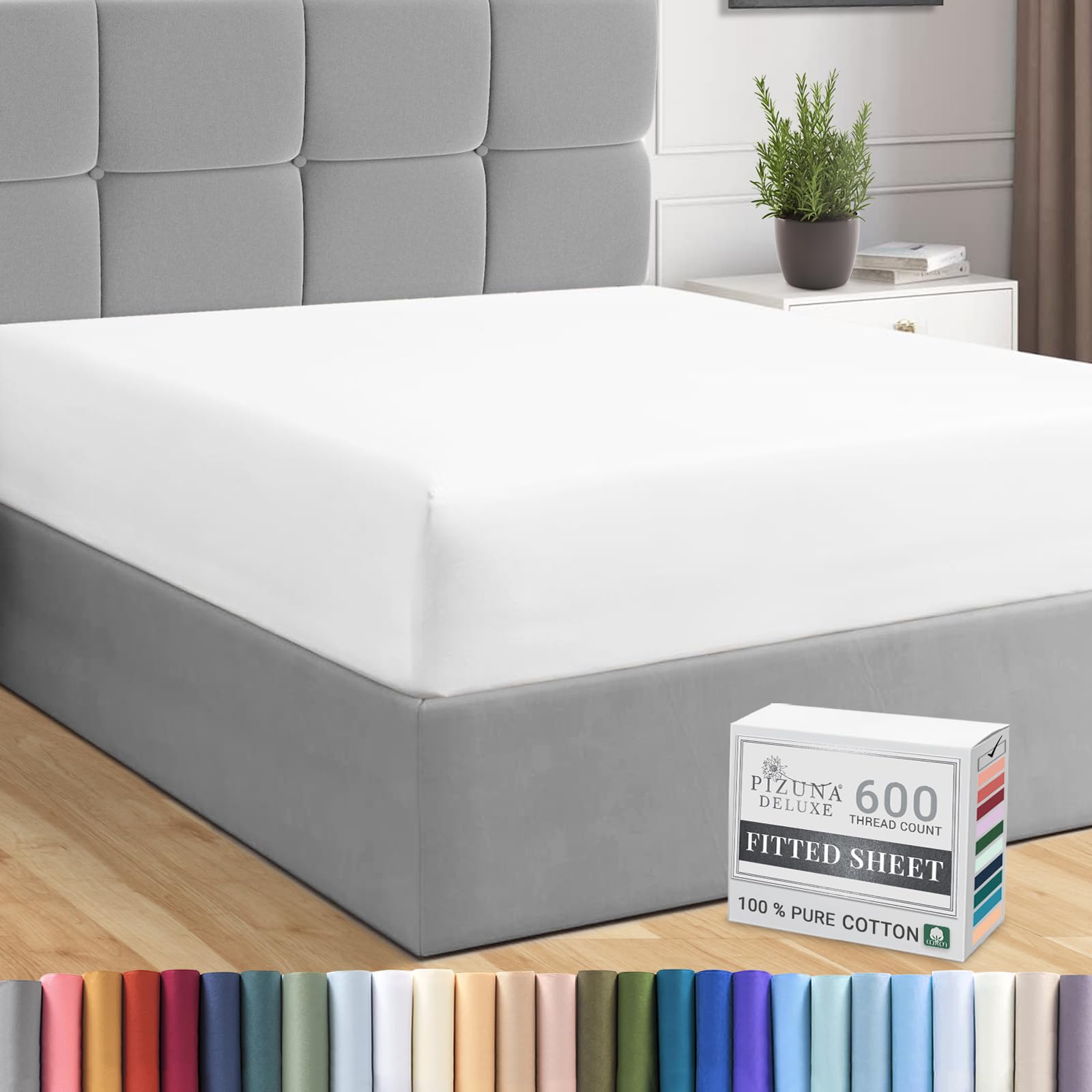 Pizuna Pure Combed Cotton Small Double Fitted Sheet White, 600 Thread Count 100% Long Staple Cotton Small Double Fitted Sheets 120x200 cm, Sateen Weave 40 cm Deep Fitted Sheets 1 PC White