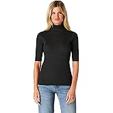 Cable & Gauge Women's Short Sleeve Mock Neck Sweater - Soft Knit Fabric, Ribbed Texture, Elbow-Length Sleeves, Casual Top