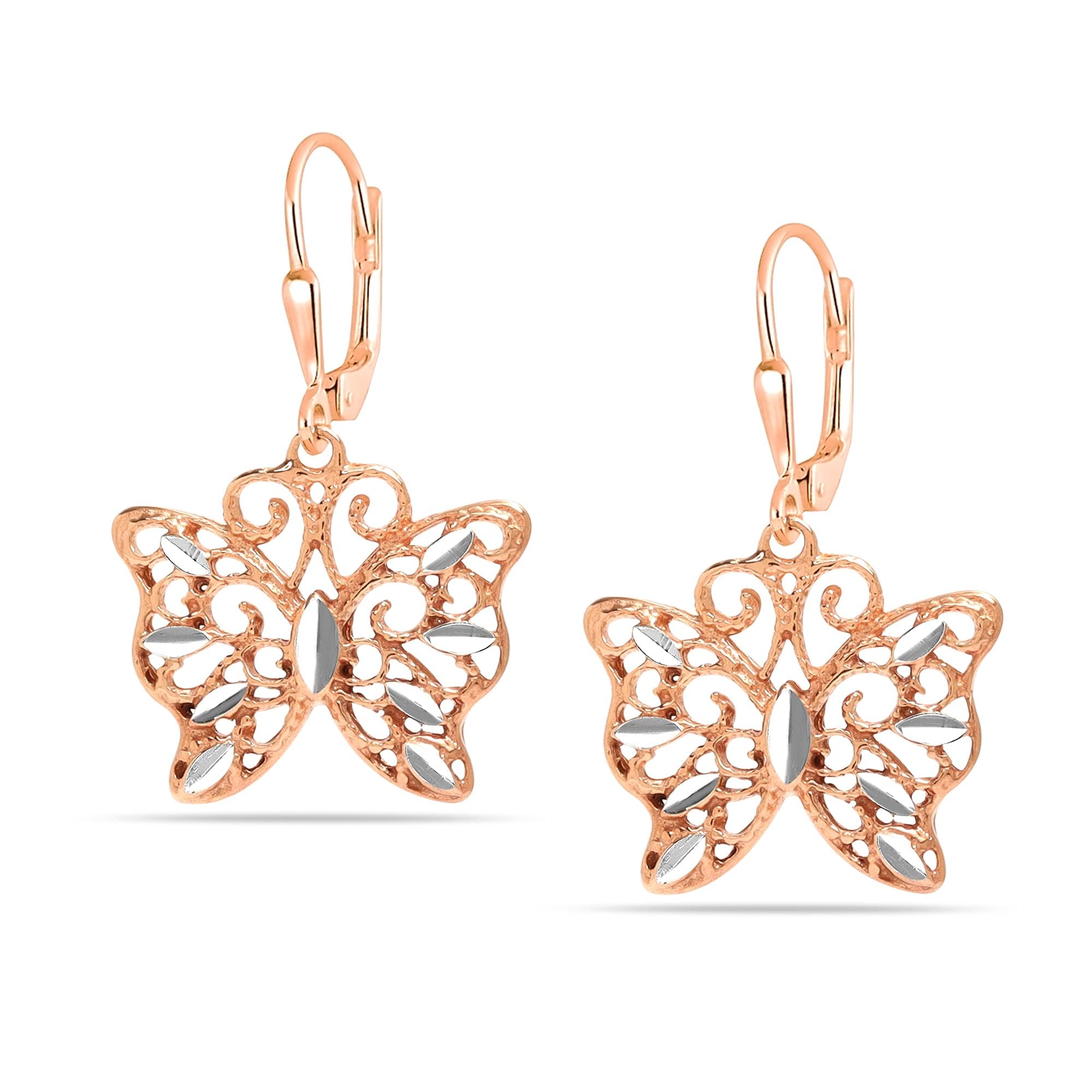 LeCalla Sterling Silver Butterfly Earrings Filigree Dainty 14K Gold-Plated Two-Tone Drop Dangle Leverback Diamond-Cut Earrings for Women - 32mm