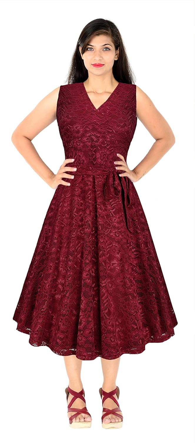 karm enterprise women's solid crepe a-line midi dress (maroon)